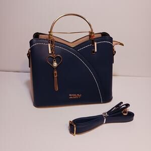 ZZMY Ladies Purse Handbag Blue And Pink Metal Handles Crossbody Strap Charm NEW